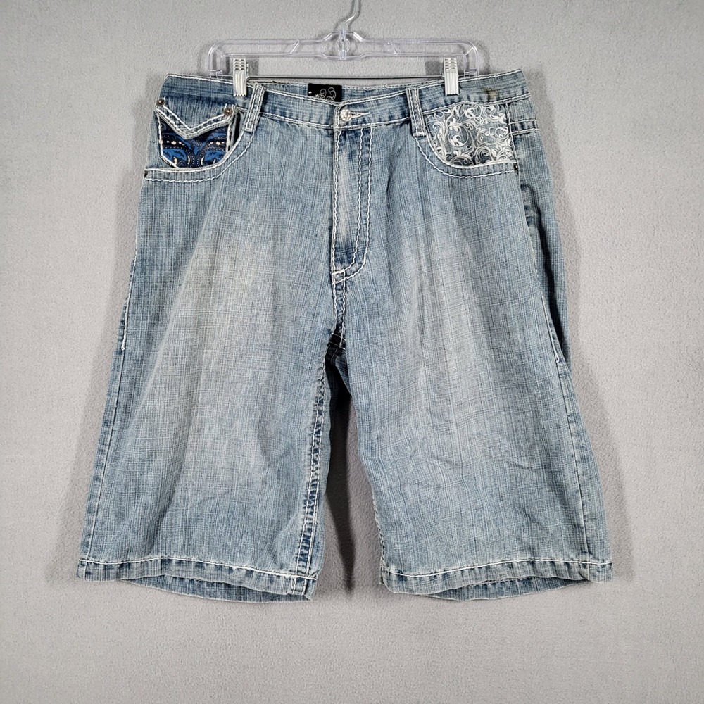 Delf Shorts‎ Men's 38 Blue Denim Cargo Embellished Pockets Casual Baggy Y2K